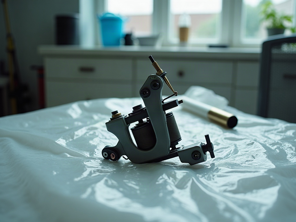 A coil tattoo machine on a film-protected work surface in a bright studio