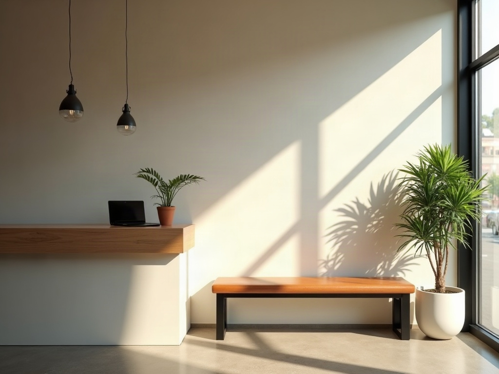 A tattoo studio reception in afternoon light, with a wooden counter, a bench, and plants