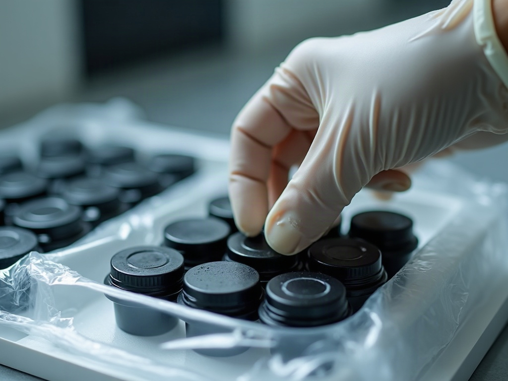 A gloved hand arranging black ink caps on a wrap-covered tray