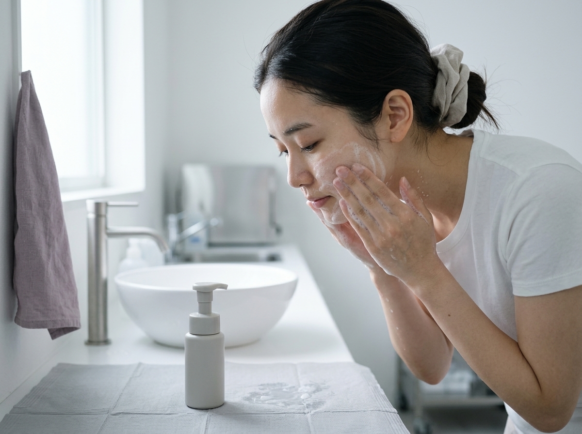 洗面台で眉を避け、頬と口元だけを泡でやさしく洗う女性の横顔