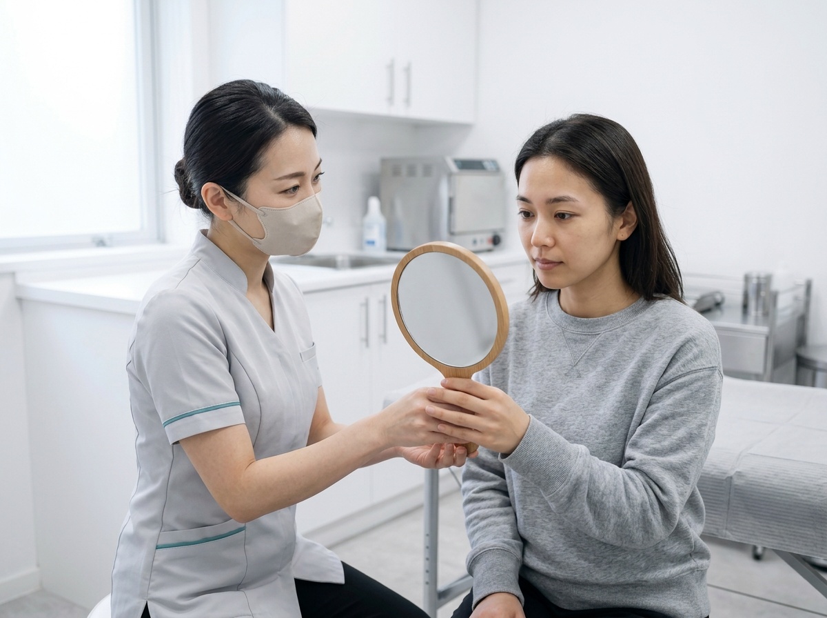 白いクリニックで施術者が丸い手鏡を差し出し、女性客が自分の眉を確認するカウンセリング場面