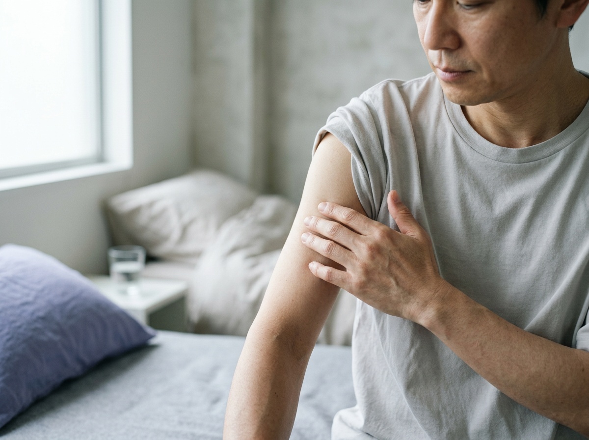 朝の光が差す寝室で、自分の二の腕の肌にそっと触れて状態を確かめる男性