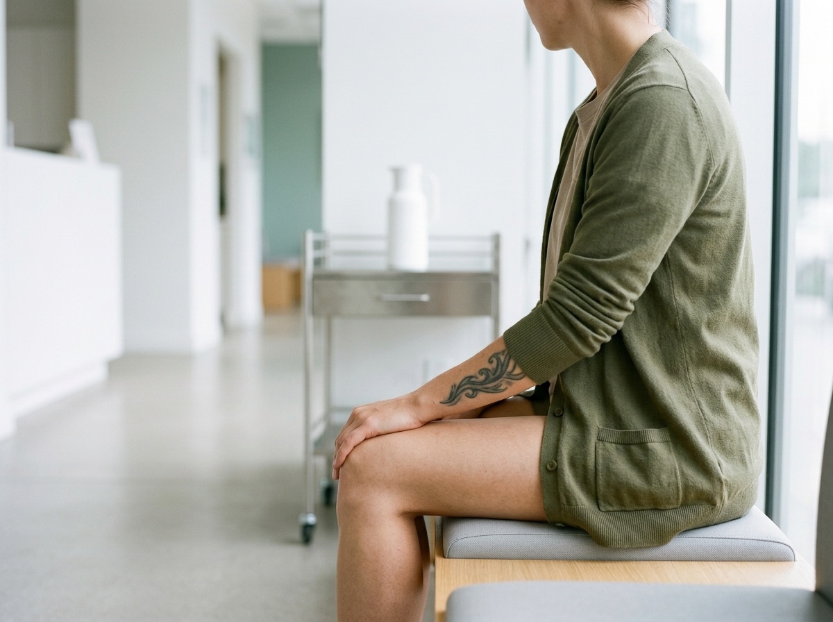 明るいクリニックの待合で、タトゥーの入った前腕を膝に置き座る女性