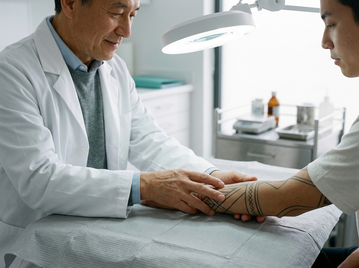 白衣の医師が診察台で患者の前腕の幾何学タトゥーを拡大ライト下で確認する様子