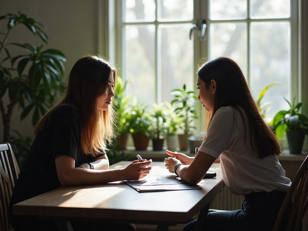 窓辺の明るいテーブルで向かい合い、書類を前に静かに話し込む女性二人と観葉植物