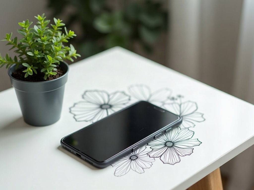 白いテーブルに置かれた黒いスマホと花のライン画、脇に小さな鉢植えの緑