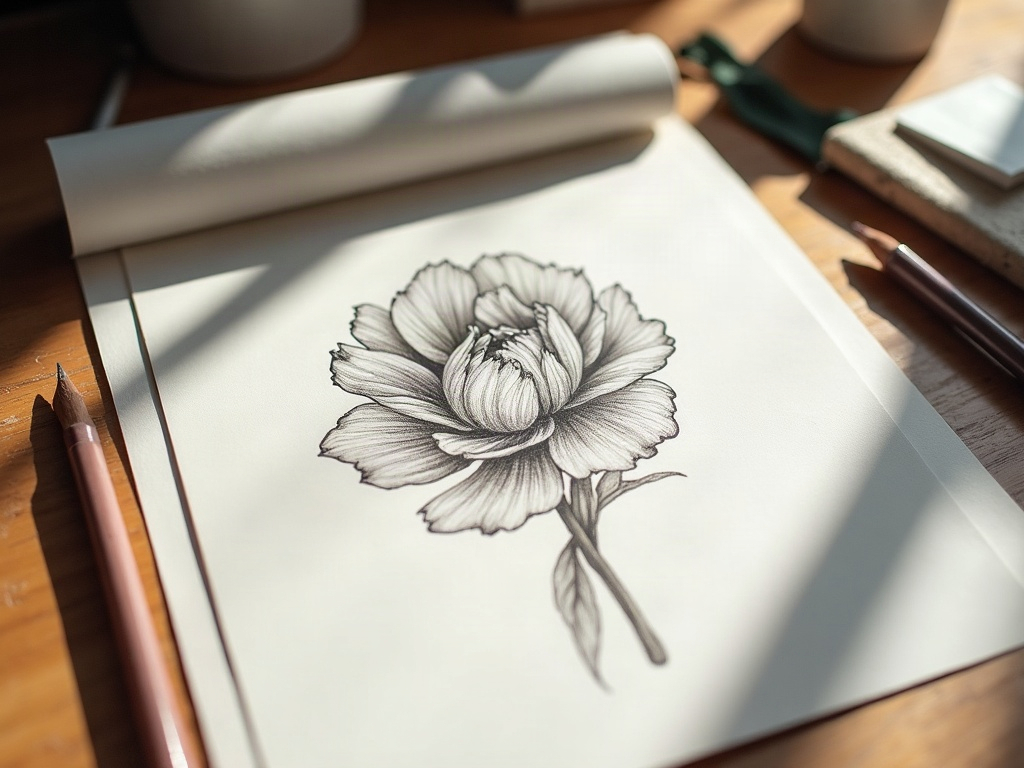 机上のスケッチブックに鉛筆で描かれた芍薬のタトゥー下絵と、脇に置かれた鉛筆