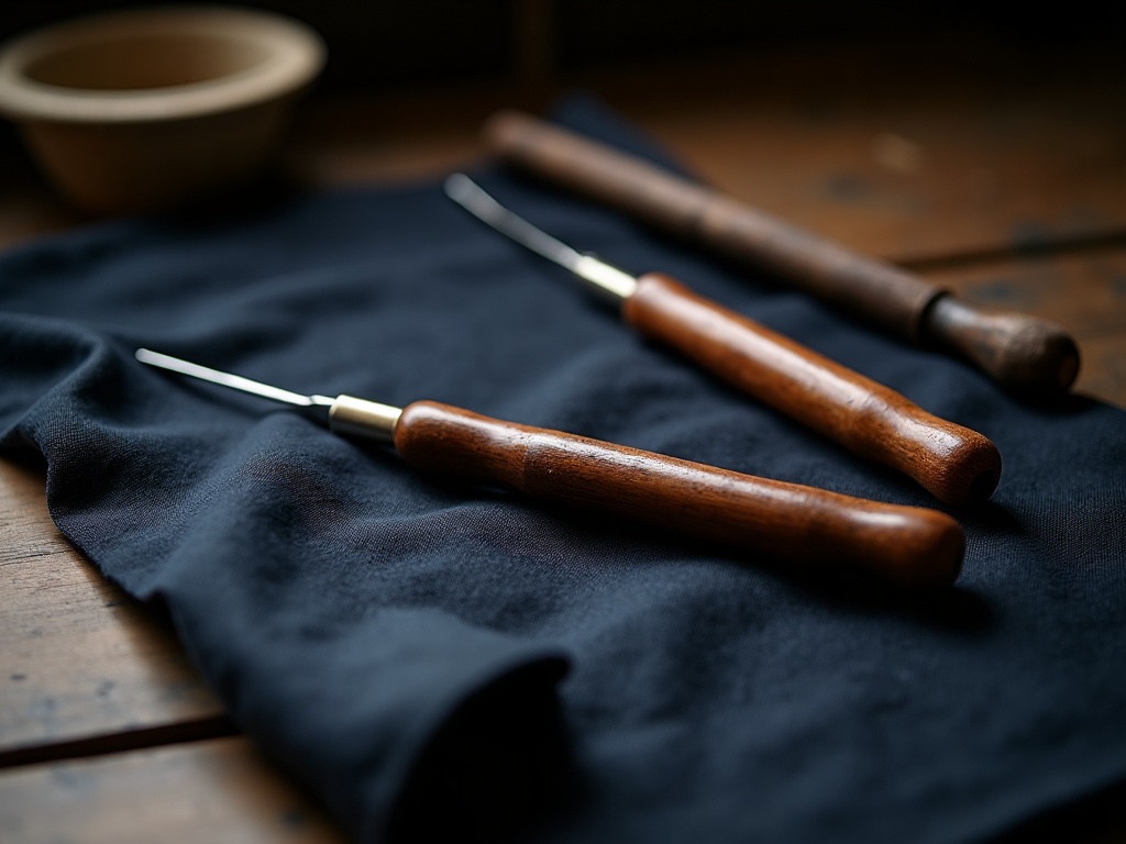 藍色の布の上に置かれた木製の柄の手彫り用タトゥー道具三本と奥の陶器の鉢
