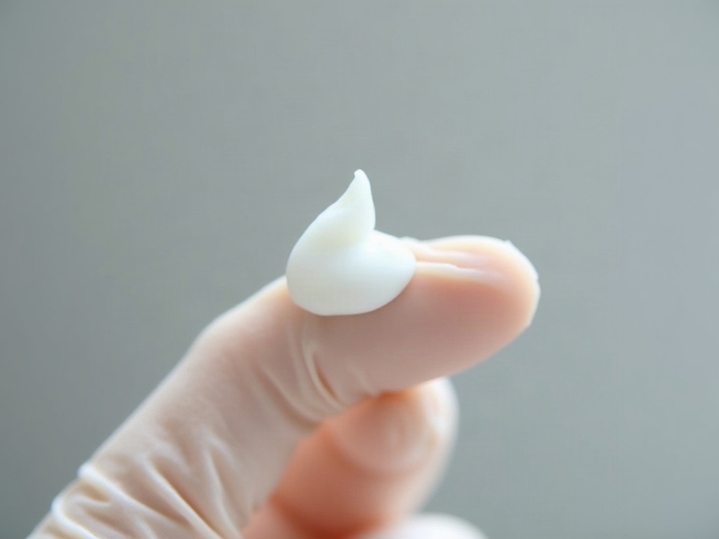 手袋をした指先にのせた白い軟膏クリームをグレー背景で接写