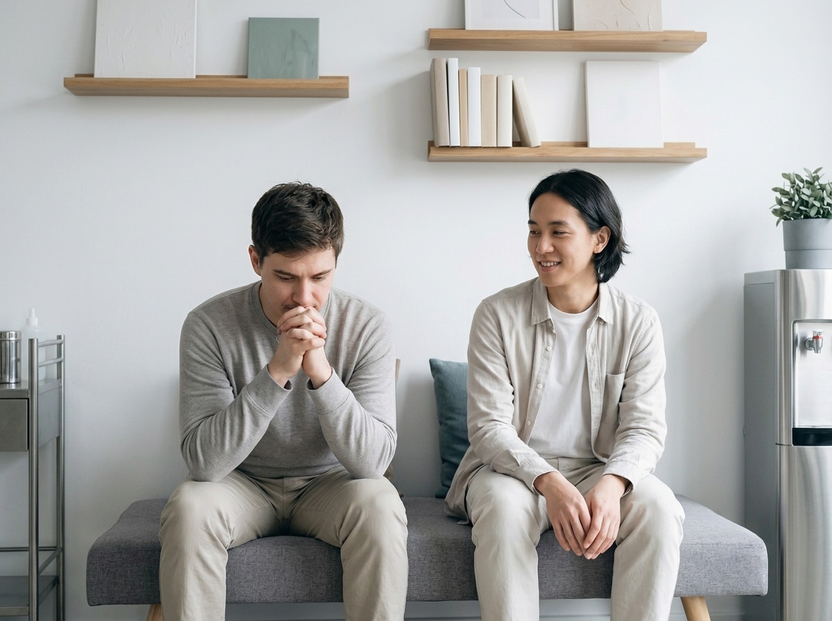 待合ベンチで手を組み緊張する男性と、隣で穏やかに微笑むもう一人