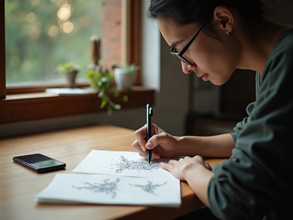 窓辺の木のテーブルで紙にタトゥーの下絵を描く人物と、傍らに置かれたスマートフォン