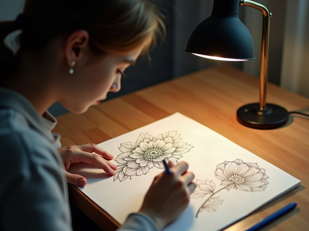 デスクランプの下で紙に花のタトゥー図案を細いペンで描く若者の手元