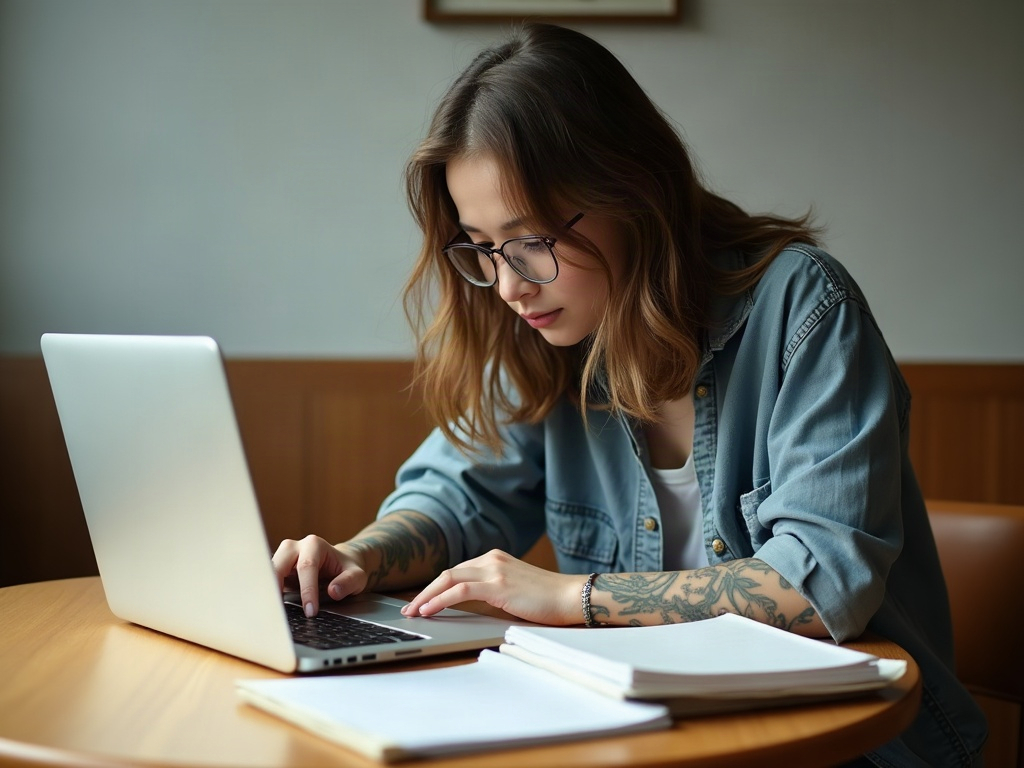 腕にタトゥーのある若い女性がノートPCと書類を広げて勉強に集中している様子