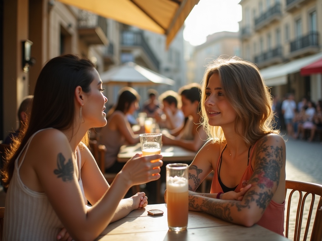 日差しの差すイタリア風の路上カフェで、腕にタトゥーのある女性2人が飲み物を手に談笑する