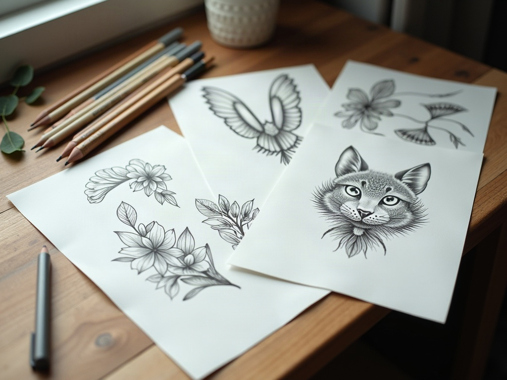 木のテーブルに広げた花や鳥、猫のタトゥー下絵と並んだ色鉛筆